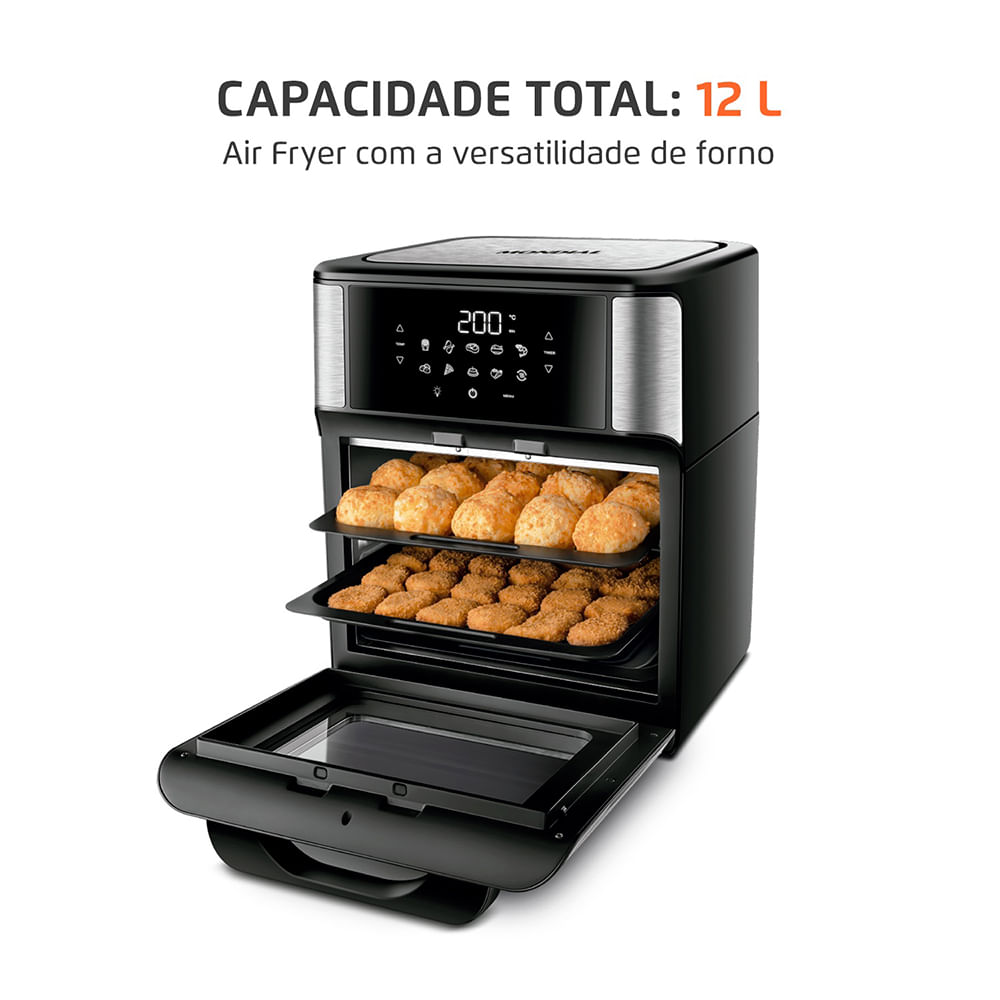 Fritadeira Air Fryer Forno Oven 12 Litros Mondial AFON-12L-BI Preto/Inox 2000W com 10 Funções, 3 Assadeiras Antiaderentes e Timer de 90 Minutos - 2