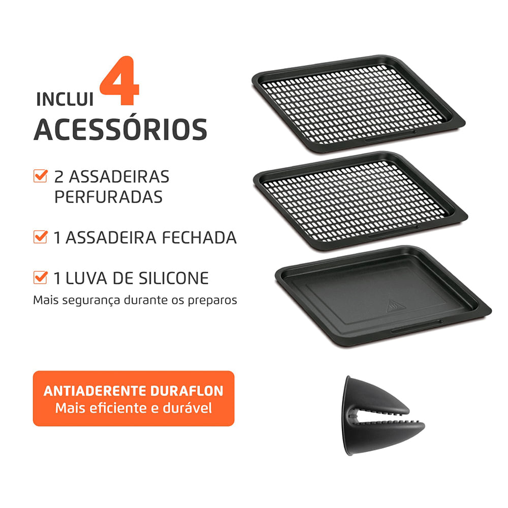 Fritadeira Air Fryer Forno Oven 12 Litros Mondial AFON-12L-BI Preto/Inox 2000W com 10 Funções, 3 Assadeiras Antiaderentes e Timer de 90 Minutos - 3