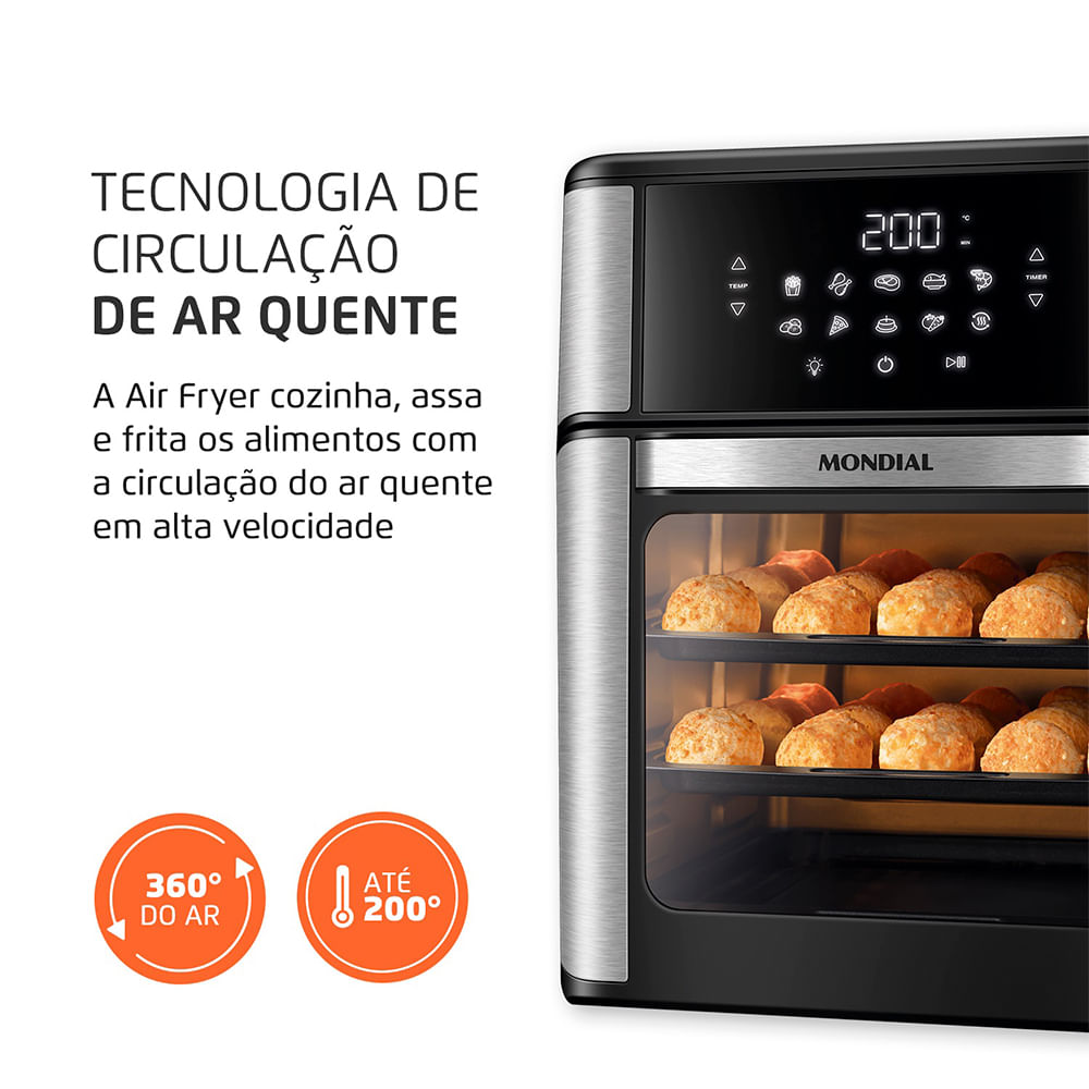 Fritadeira Air Fryer Forno Oven 12 Litros Mondial AFON-12L-BI Preto/Inox 2000W com 10 Funções, 3 Assadeiras Antiaderentes e Timer de 90 Minutos - 4