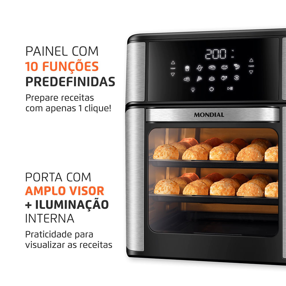 Fritadeira Air Fryer Forno Oven 12 Litros Mondial AFON-12L-BI Preto/Inox 2000W com 10 Funções, 3 Assadeiras Antiaderentes e Timer de 90 Minutos - 6