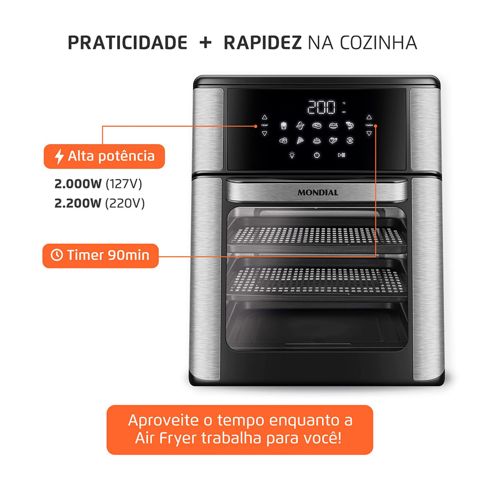 Fritadeira Air Fryer Forno Oven 12 Litros Mondial AFON-12L-BI Preto/Inox 2000W com 10 Funções, 3 Assadeiras Antiaderentes e Timer de 90 Minutos - 7